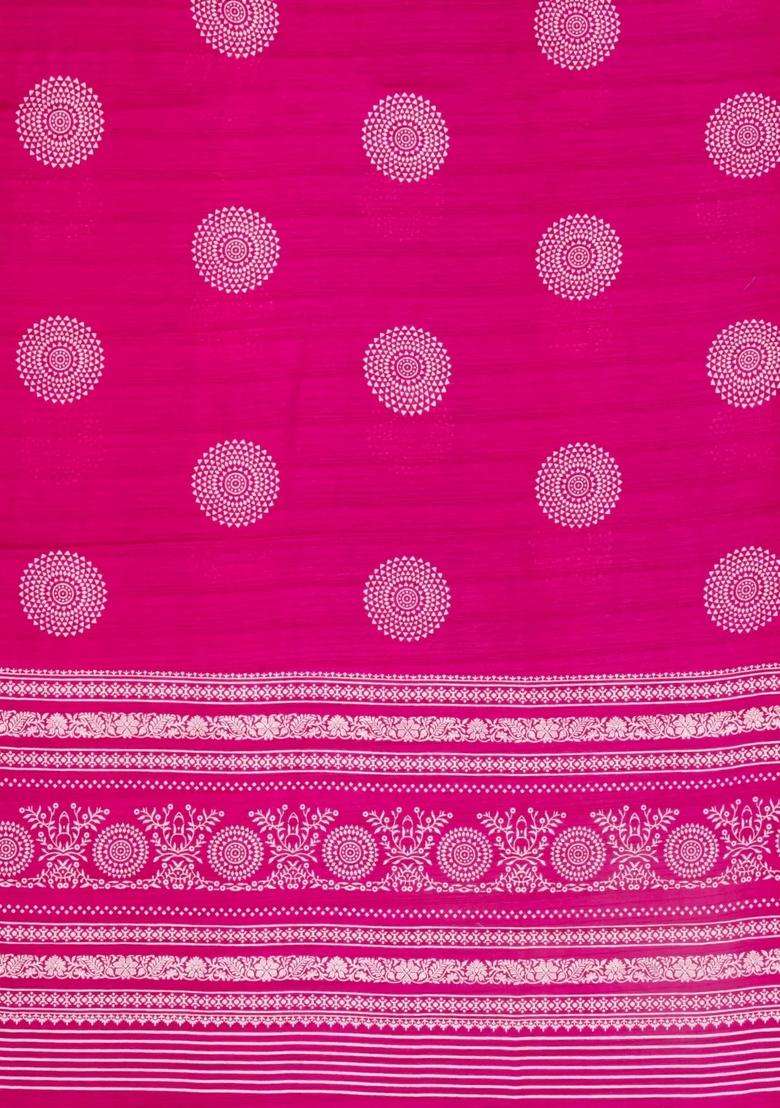Hot Pink Printed Synthetic Dola Silk Saree With Zari Border For Women - Indya