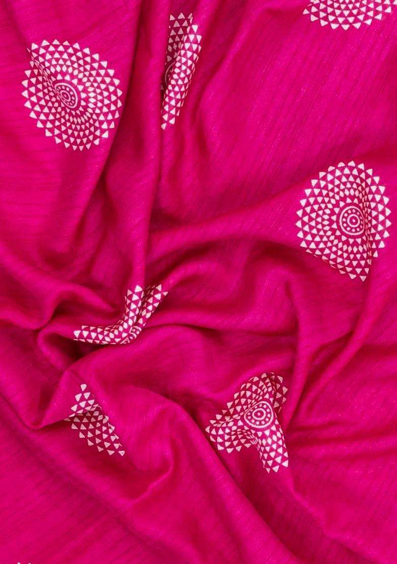 Hot Pink Printed Synthetic Dola Silk Saree With Zari Border For Women - Indya
