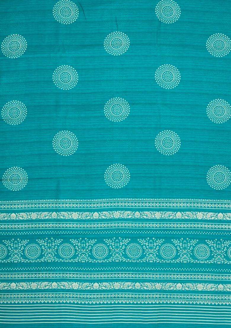Turquoise Printed Synthetic Dola Silk Saree With Zari Border For Women - Indya