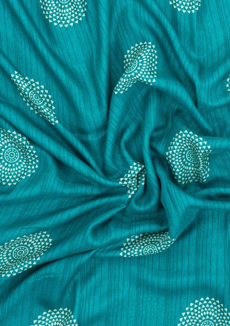 Turquoise Printed Synthetic Dola Silk Saree With Zari Border For Women - Indya