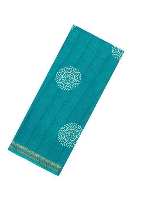 Turquoise Printed Synthetic Dola Silk Saree With Zari Border For Women