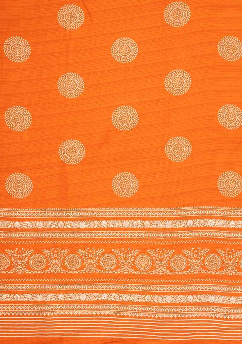 Orange Printed Synthetic Dola Silk Saree With Zari Border For Women - Indya