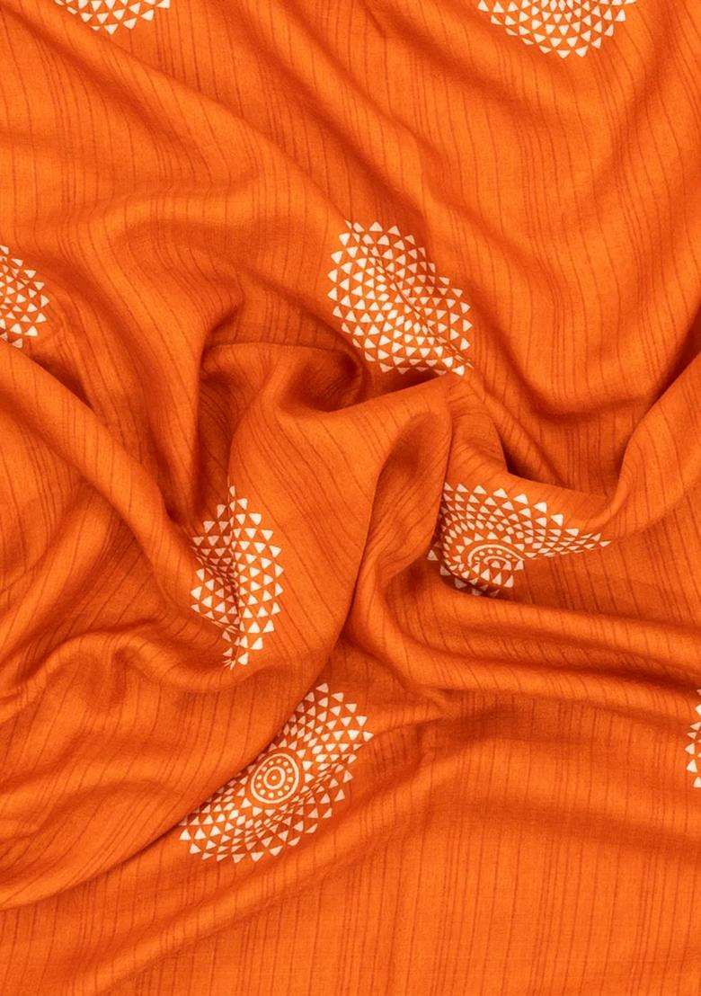 Orange Printed Synthetic Dola Silk Saree With Zari Border For Women - Indya