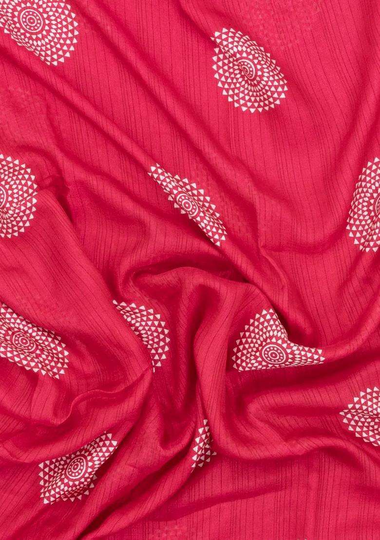 Red Printed Synthetic Dola Silk Saree With Zari Border For Women - Indya