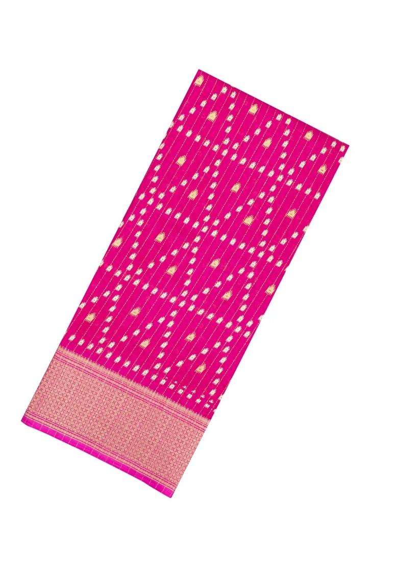 Pink Printed Synthetic Dola Silk Saree With Motifs Zari Stripes For Women - Indya