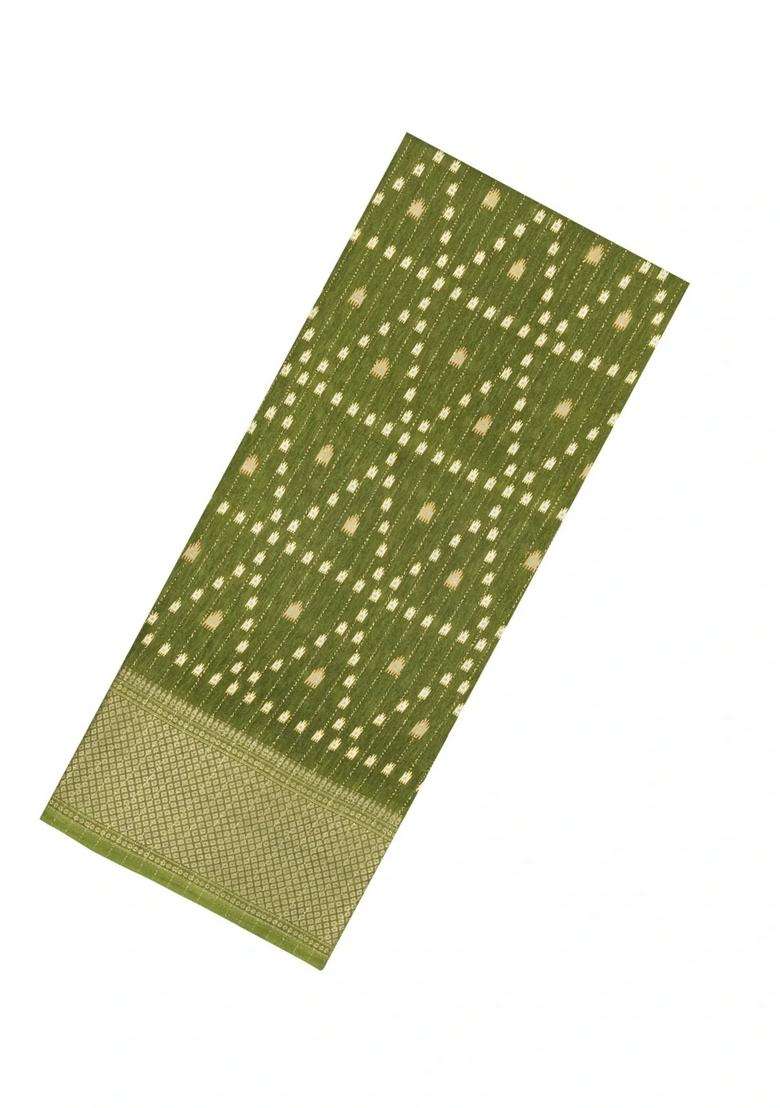 Olive Green Printed Synthetic Dola Silk Saree With Motifs Zari Stripes For Women - Indya