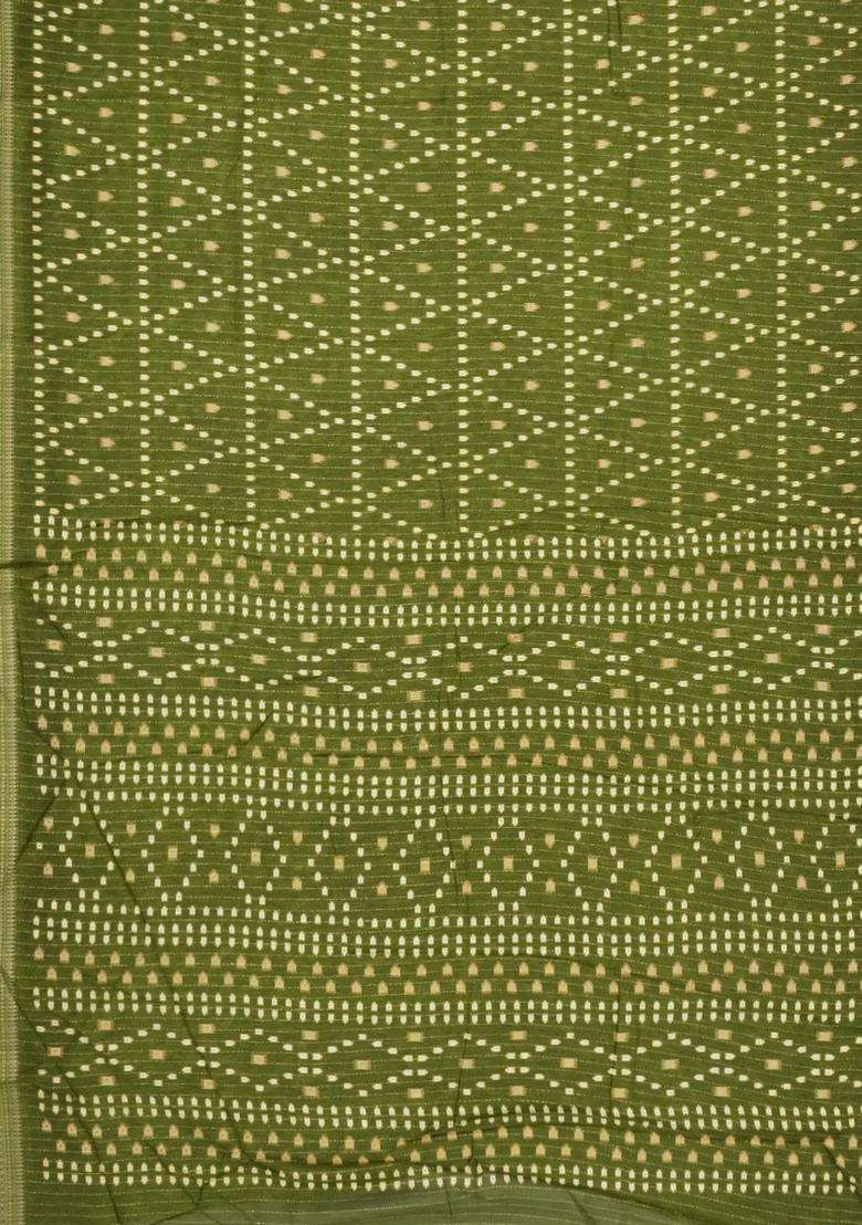 Olive Green Printed Synthetic Dola Silk Saree With Motifs Zari Stripes For Women - Indya