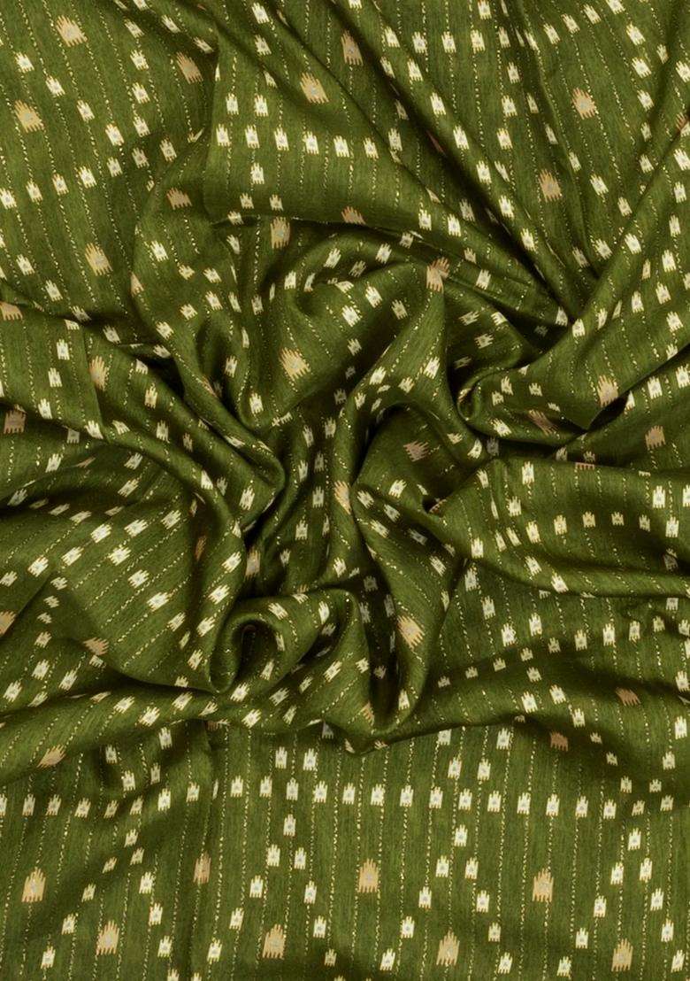 Olive Green Printed Synthetic Dola Silk Saree With Motifs Zari Stripes For Women - Indya