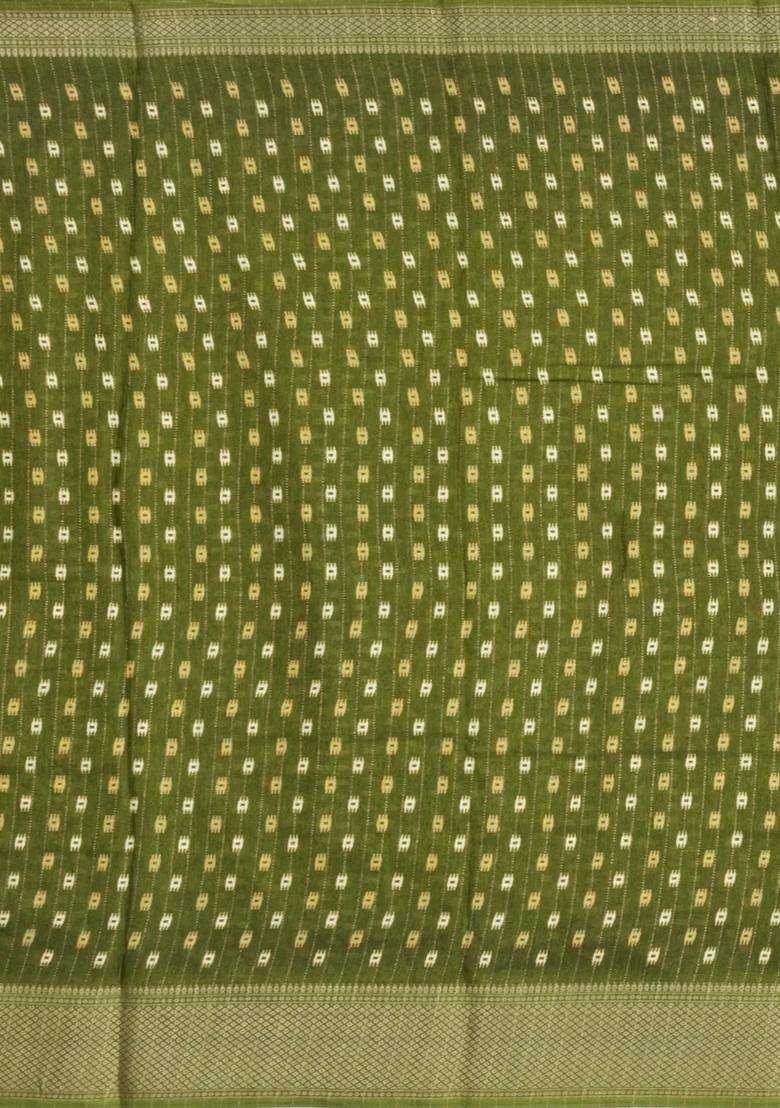 Olive Green Printed Synthetic Dola Silk Saree With Motifs Zari Stripes For Women - Indya
