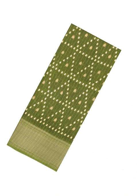 Olive Green Printed Synthetic Dola Silk Saree With Motifs Zari Stripes For Women