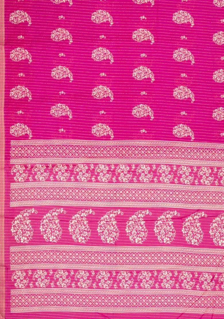 Hot Pink Printed Synthetic Dola Silk Saree With Motifs Zari Stripes For Women - Indya