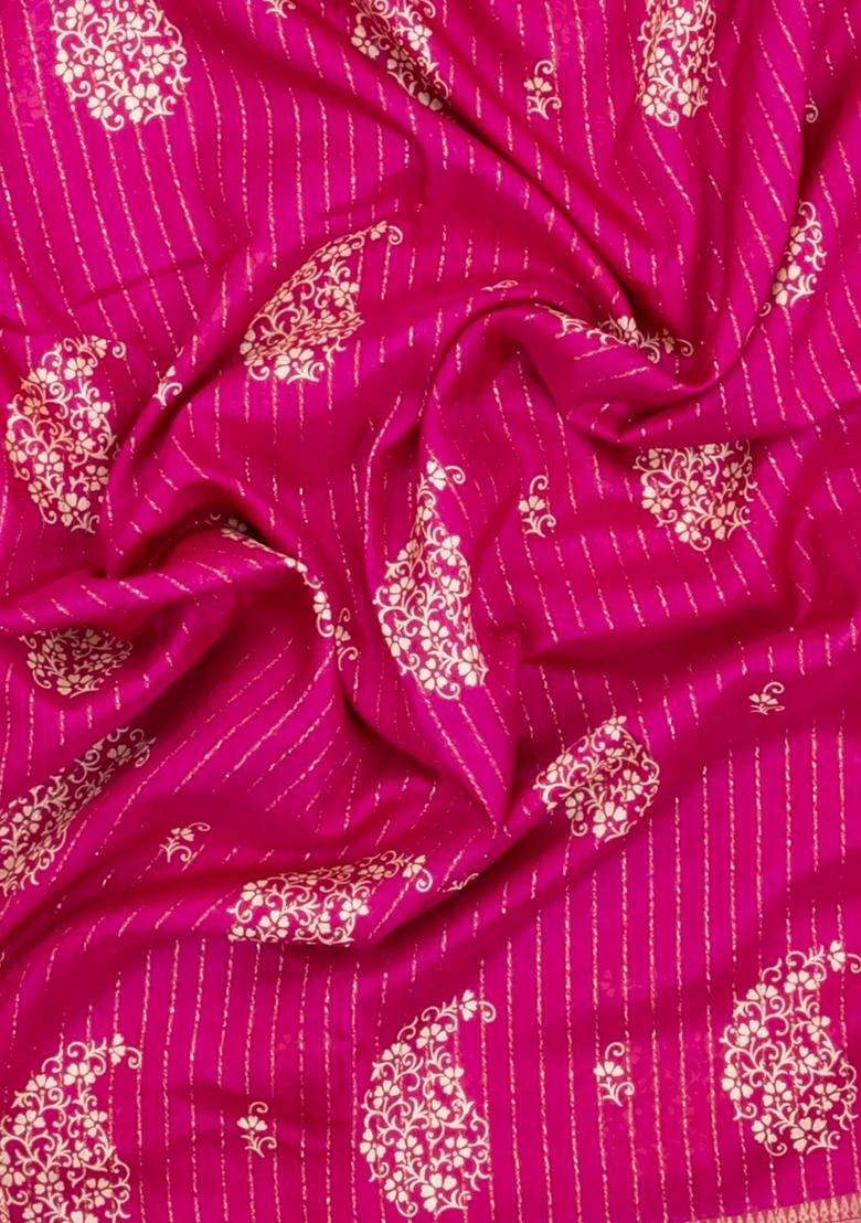Hot Pink Printed Synthetic Dola Silk Saree With Motifs Zari Stripes For Women - Indya