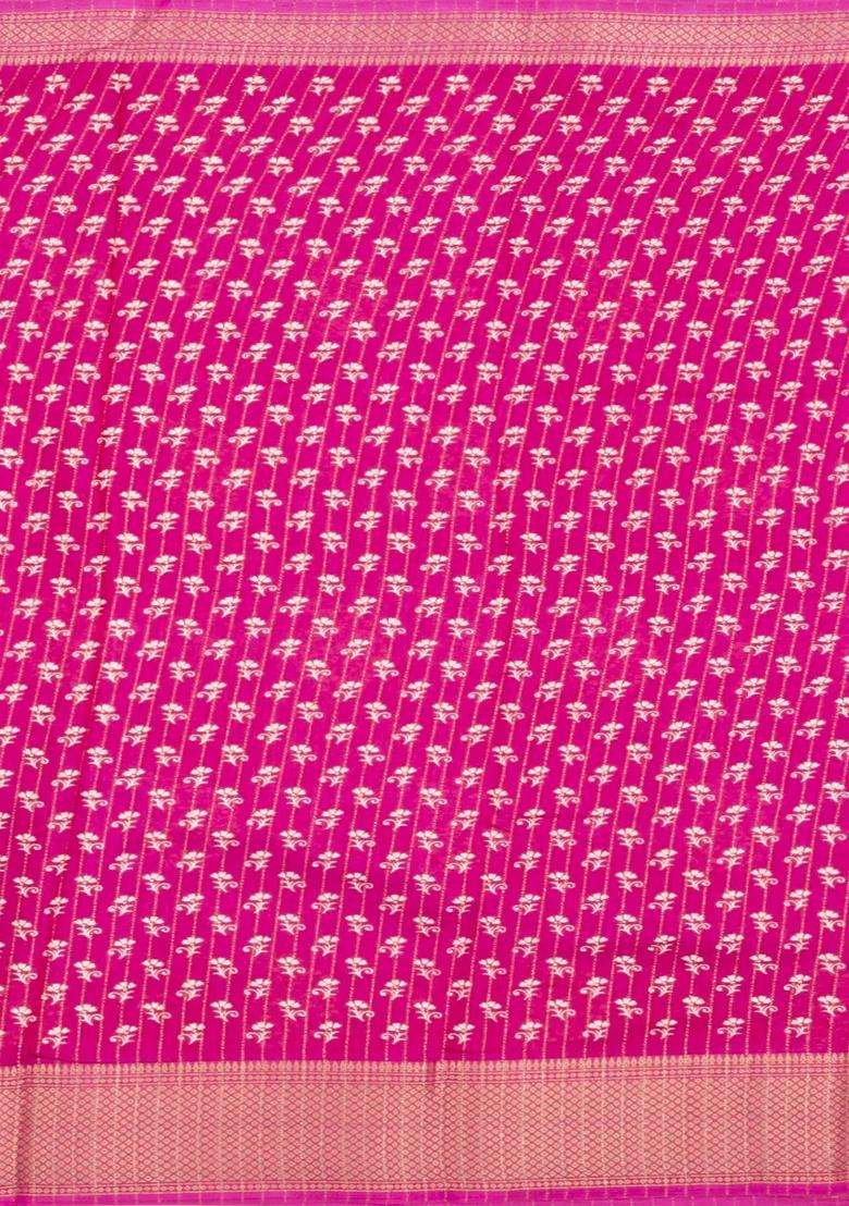 Hot Pink Printed Synthetic Dola Silk Saree With Motifs Zari Stripes For Women - Indya