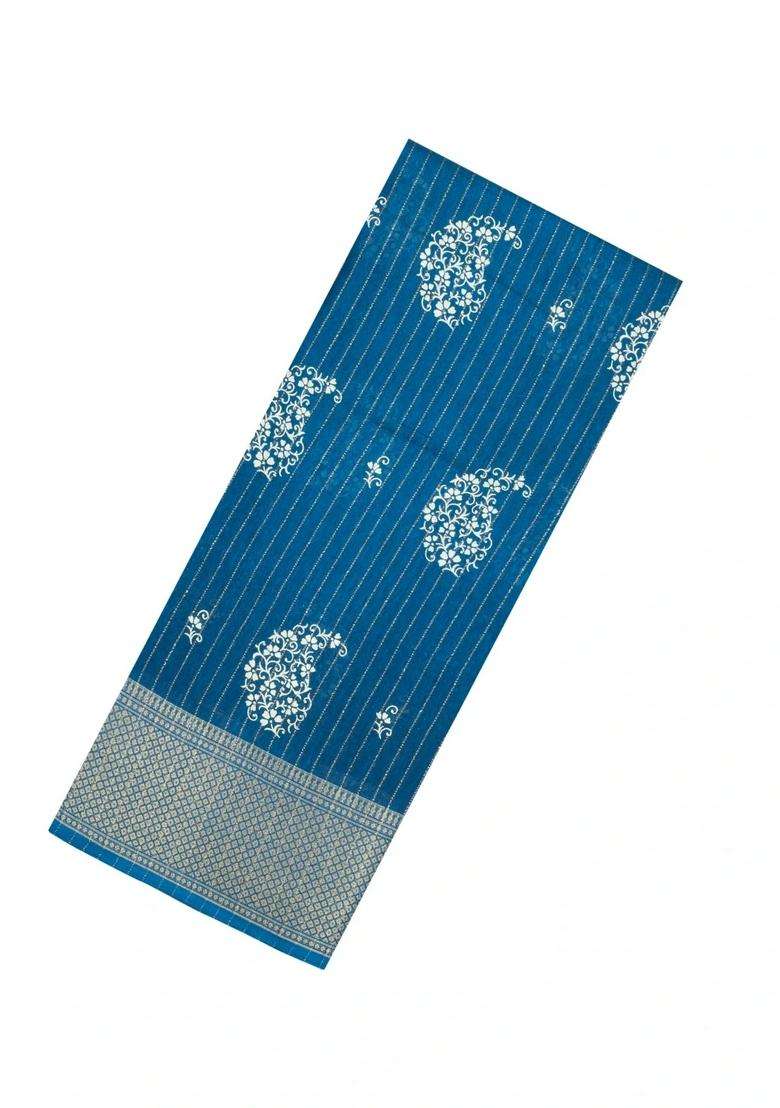 Blue Printed Synthetic Dola Silk Saree With Motifs Zari Stripes For Women - Indya