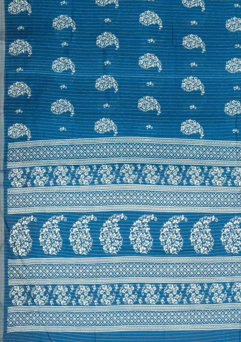 Blue Printed Synthetic Dola Silk Saree With Motifs Zari Stripes For Women - Indya