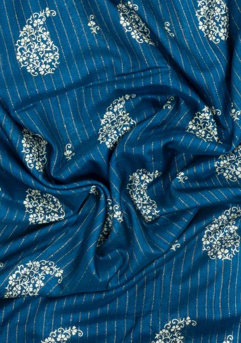 Blue Printed Synthetic Dola Silk Saree With Motifs Zari Stripes For Women - Indya