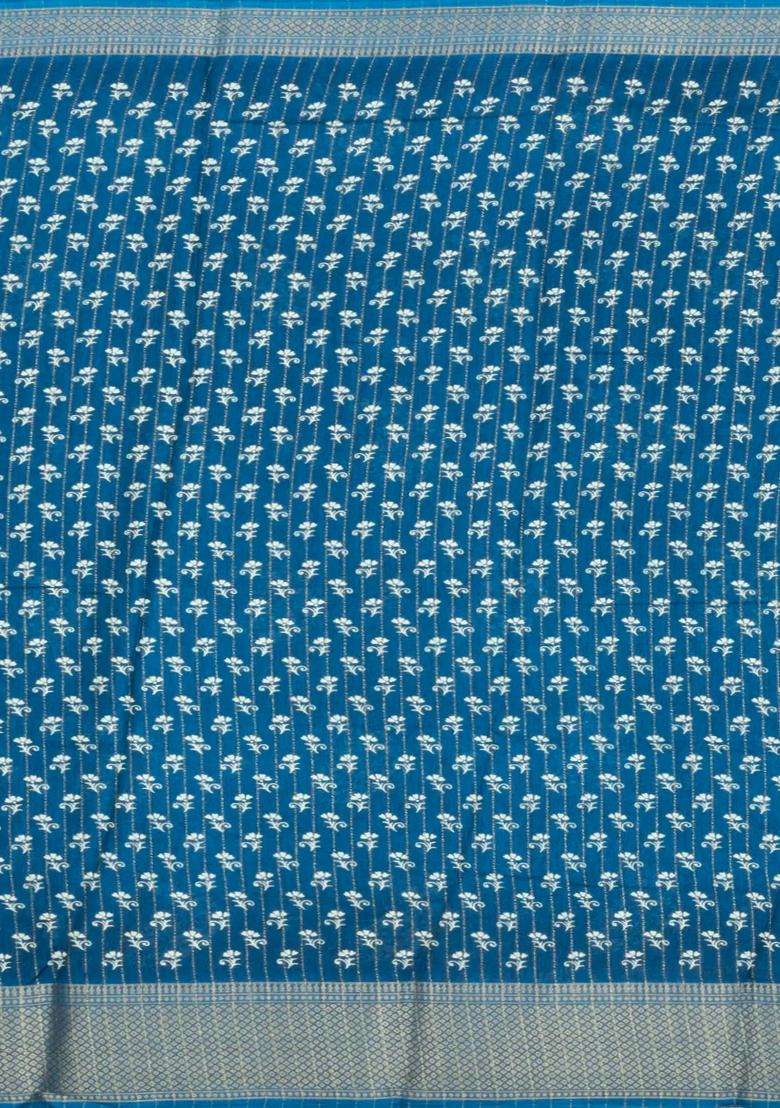 Blue Printed Synthetic Dola Silk Saree With Motifs Zari Stripes For Women - Indya