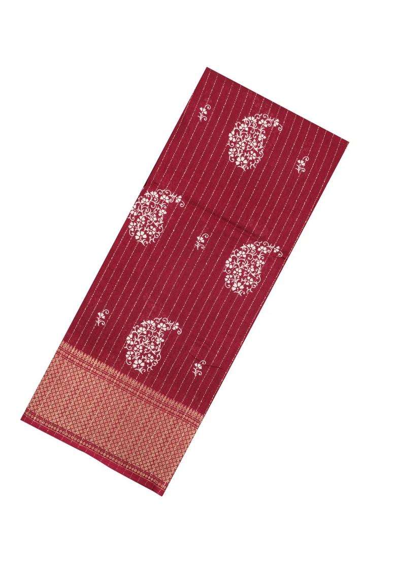 Maroon Printed Synthetic Dola Silk Saree With Motifs Zari Stripes For Women - Indya