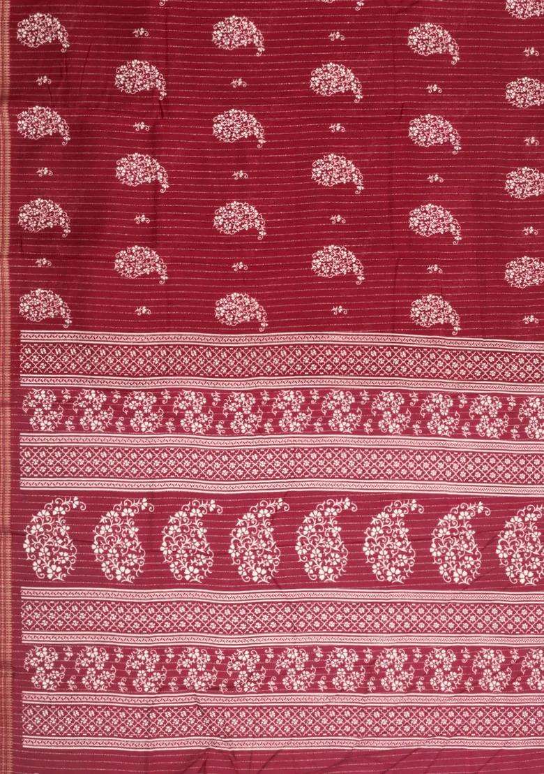 Maroon Printed Synthetic Dola Silk Saree With Motifs Zari Stripes For Women - Indya