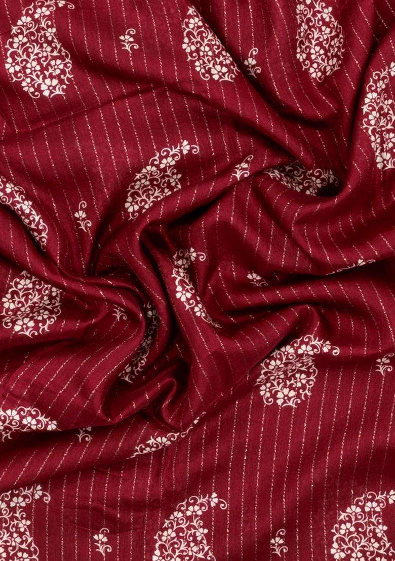 Maroon Printed Synthetic Dola Silk Saree With Motifs Zari Stripes For Women - Indya