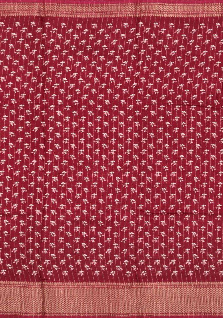 Maroon Printed Synthetic Dola Silk Saree With Motifs Zari Stripes For Women - Indya