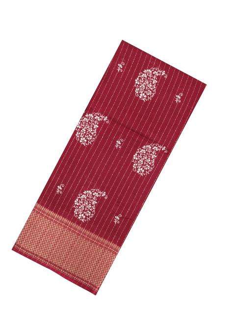Maroon Printed Synthetic Dola Silk Saree With Motifs Zari Stripes For Women