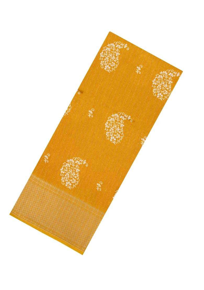 Mustard Printed Synthetic Dola Silk Saree With Motifs Zari Stripes For Women - Indya