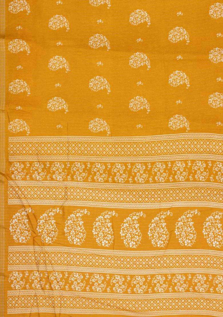 Mustard Printed Synthetic Dola Silk Saree With Motifs Zari Stripes For Women - Indya