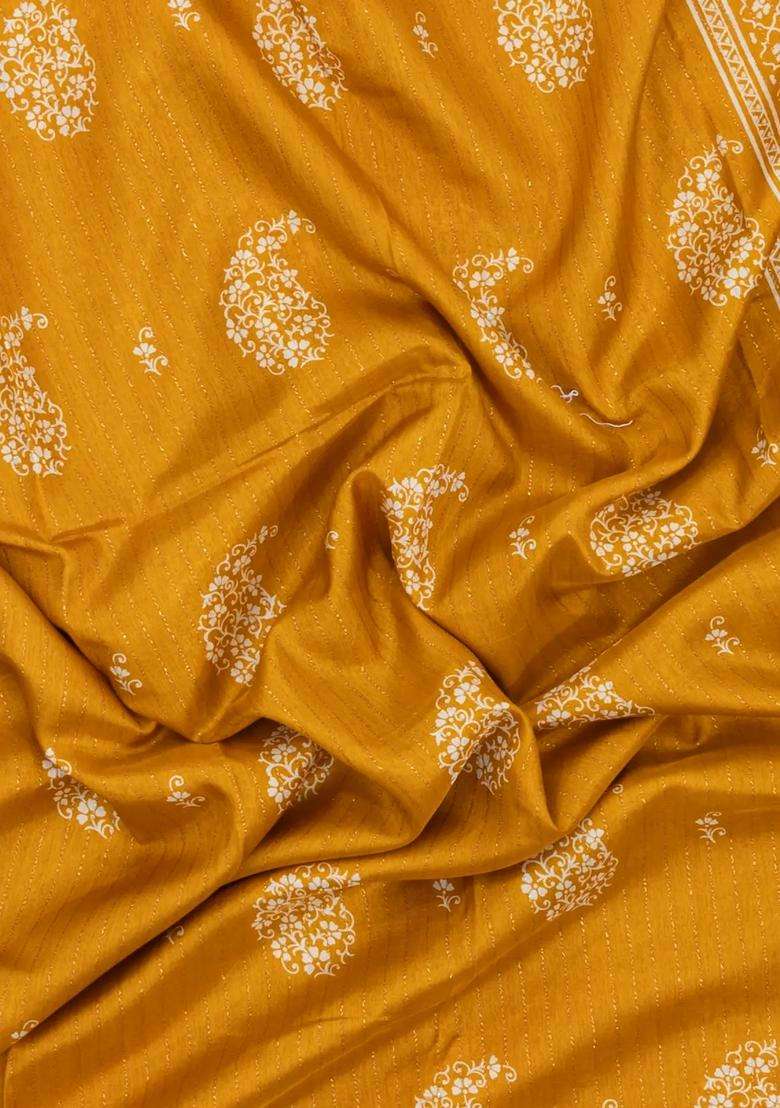 Mustard Printed Synthetic Dola Silk Saree With Motifs Zari Stripes For Women - Indya