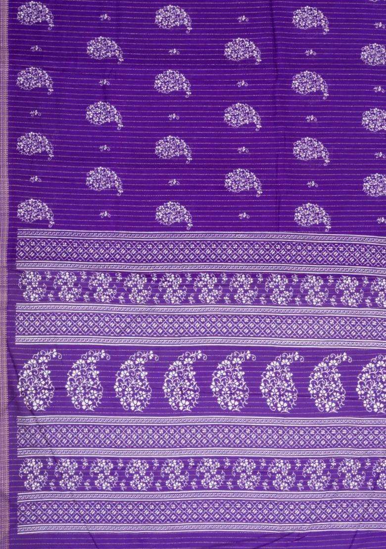 Purple Printed Synthetic Dola Silk Saree With Motifs Zari Stripes For Women - Indya