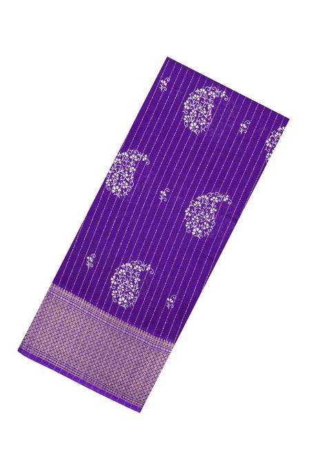 Purple Printed Synthetic Dola Silk Saree With Motifs Zari Stripes For Women