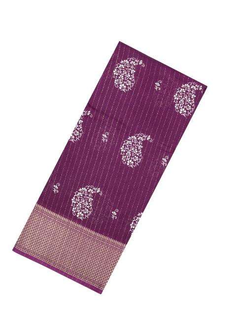 Burgundy Printed Synthetic Dola Silk Saree With Motifs Zari Stripes For Women