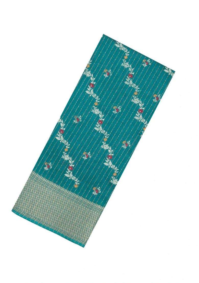 Sea Green Printed Synthetic Dola Silk Saree With Motifs Zari Stripes For Women - Indya