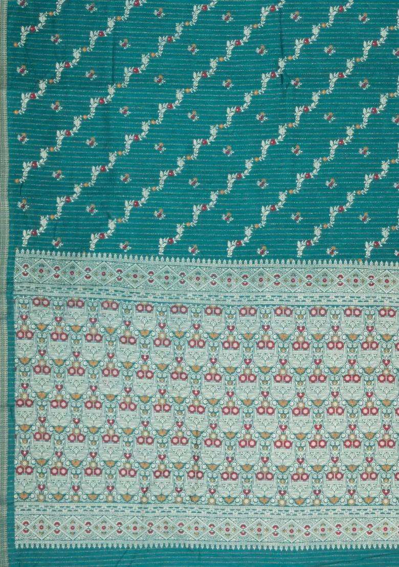Sea Green Printed Synthetic Dola Silk Saree With Motifs Zari Stripes For Women - Indya