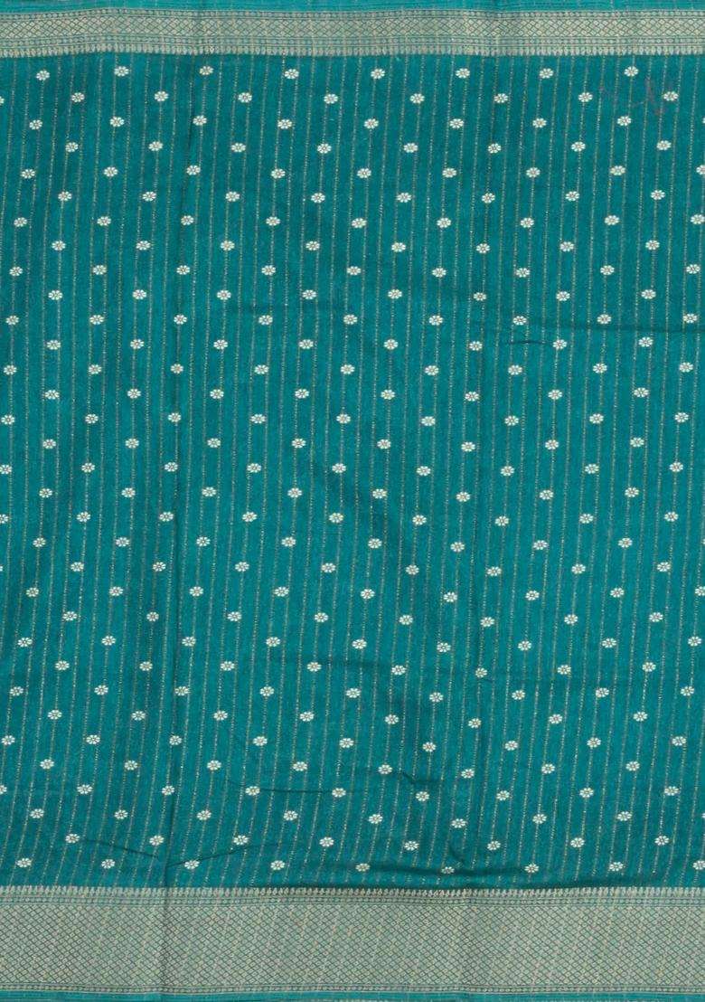 Sea Green Printed Synthetic Dola Silk Saree With Motifs Zari Stripes For Women - Indya