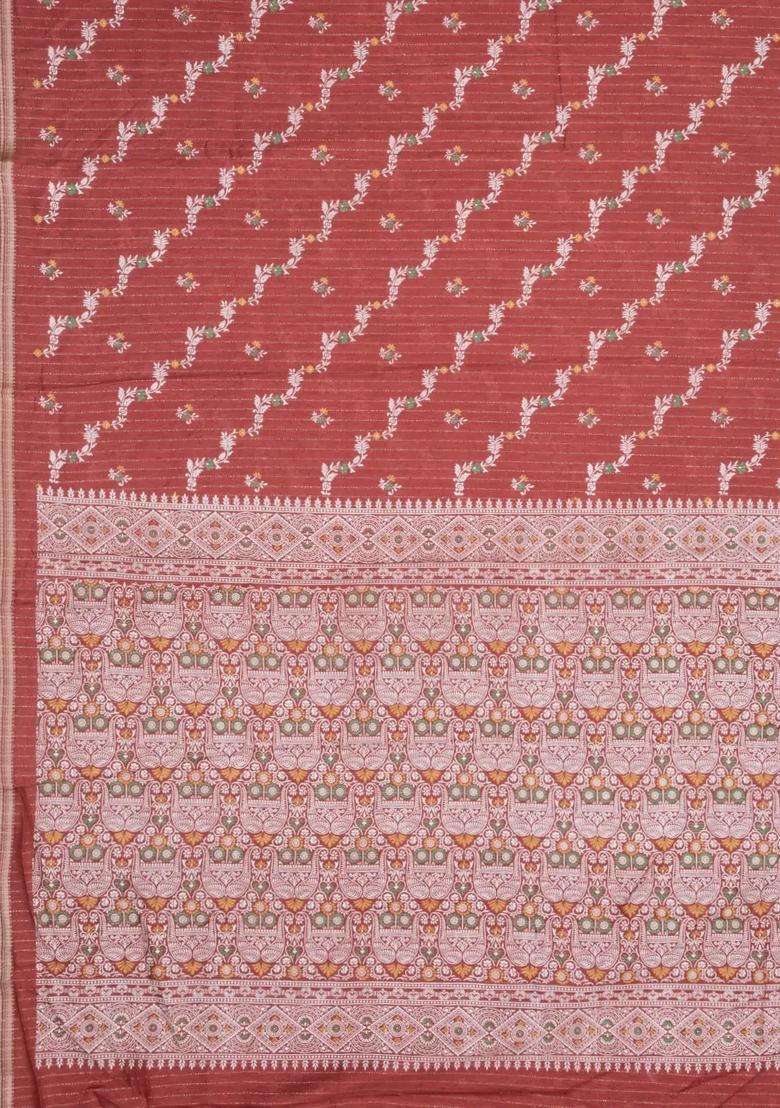 Brown Printed Synthetic Dola Silk Saree With Motifs Zari Stripes For Women - Indya