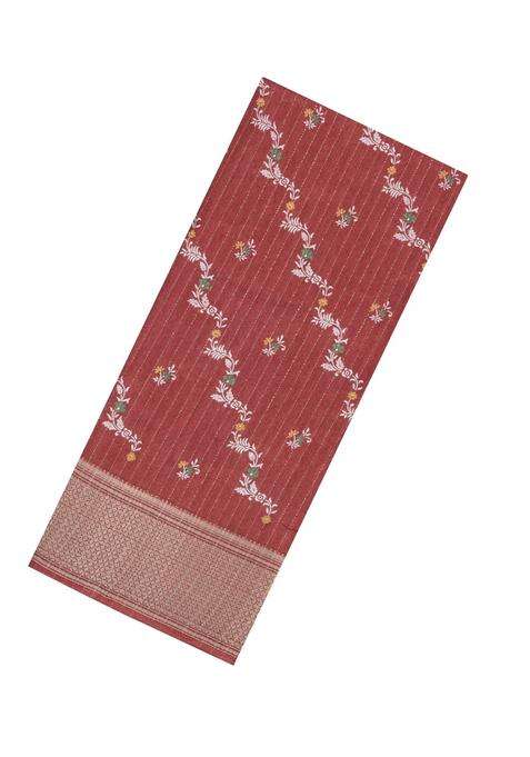 Brown Printed Synthetic Dola Silk Saree With Motifs Zari Stripes For Women