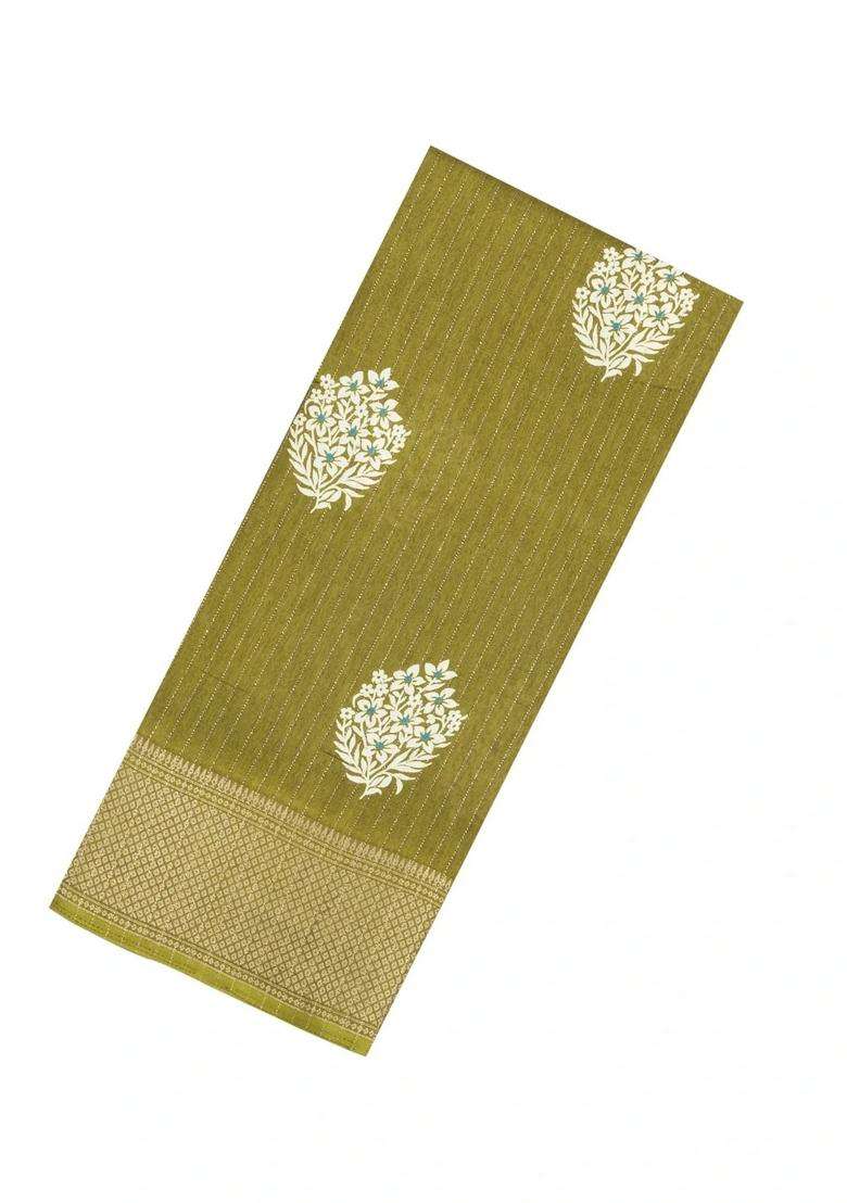 Olive Green Printed Synthetic Dola Silk Saree With Motifs Zari Stripes For Women - Indya