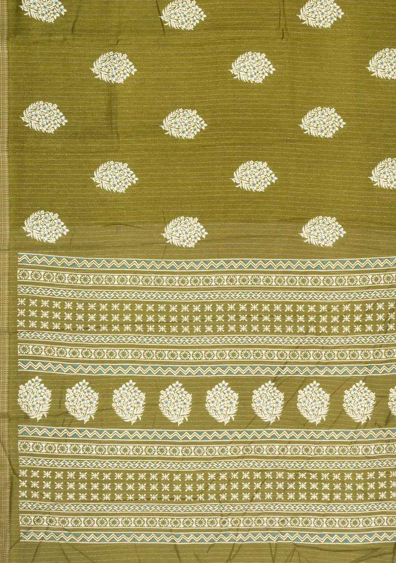 Olive Green Printed Synthetic Dola Silk Saree With Motifs Zari Stripes For Women - Indya
