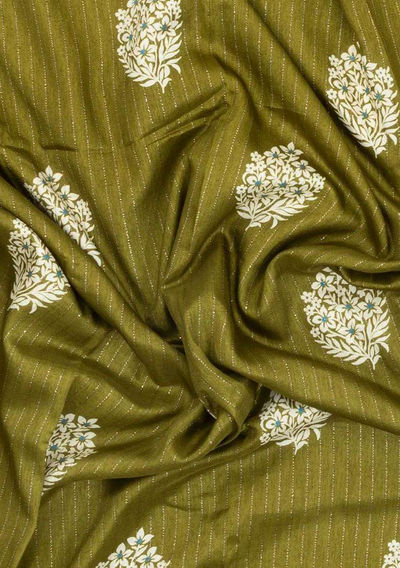 Olive Green Printed Synthetic Dola Silk Saree With Motifs Zari Stripes For Women - Indya