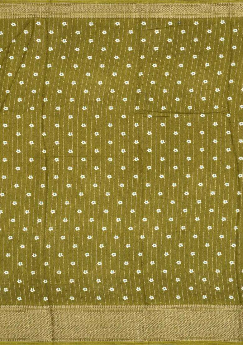 Olive Green Printed Synthetic Dola Silk Saree With Motifs Zari Stripes For Women - Indya