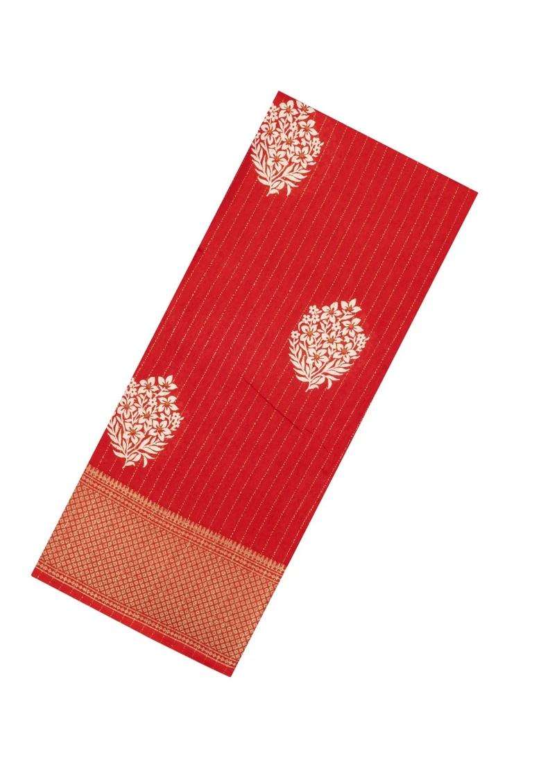 Red Printed Synthetic Dola Silk Saree With Motifs Zari Stripes For Women - Indya