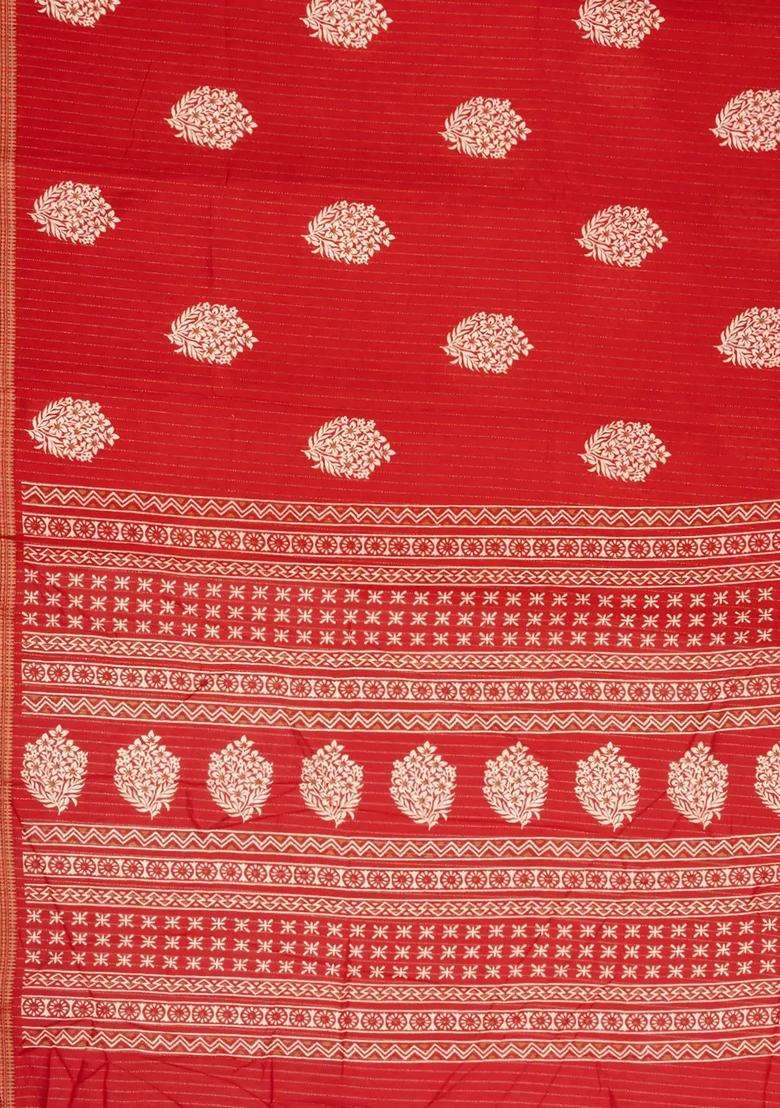 Red Printed Synthetic Dola Silk Saree With Motifs Zari Stripes For Women - Indya