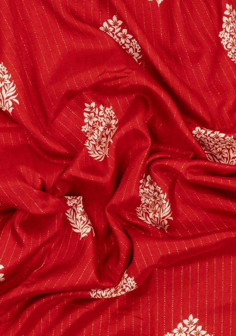 Red Printed Synthetic Dola Silk Saree With Motifs Zari Stripes For Women - Indya