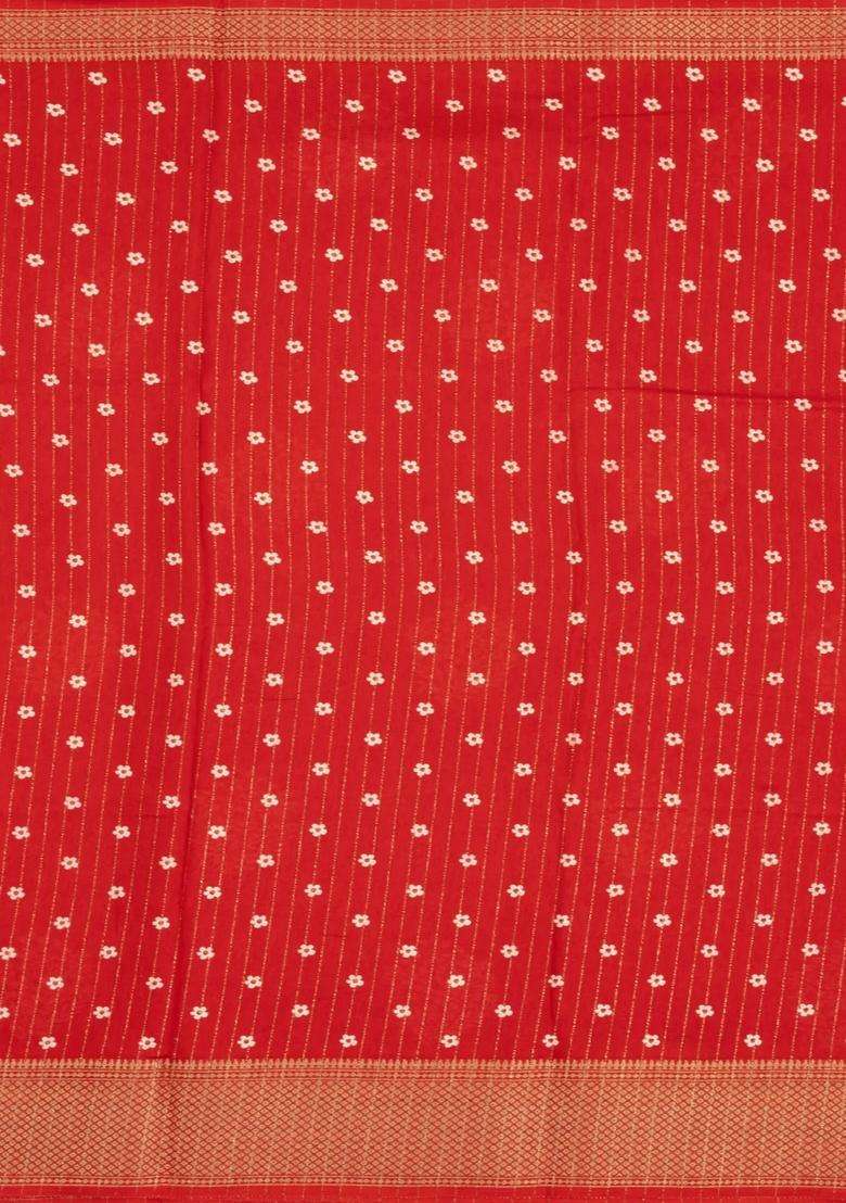 Red Printed Synthetic Dola Silk Saree With Motifs Zari Stripes For Women - Indya