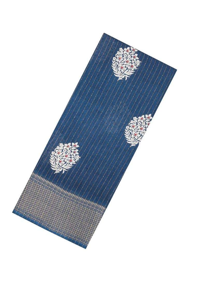 Navy Blue Printed Synthetic Dola Silk Saree With Motifs Zari Stripes For Women - Indya