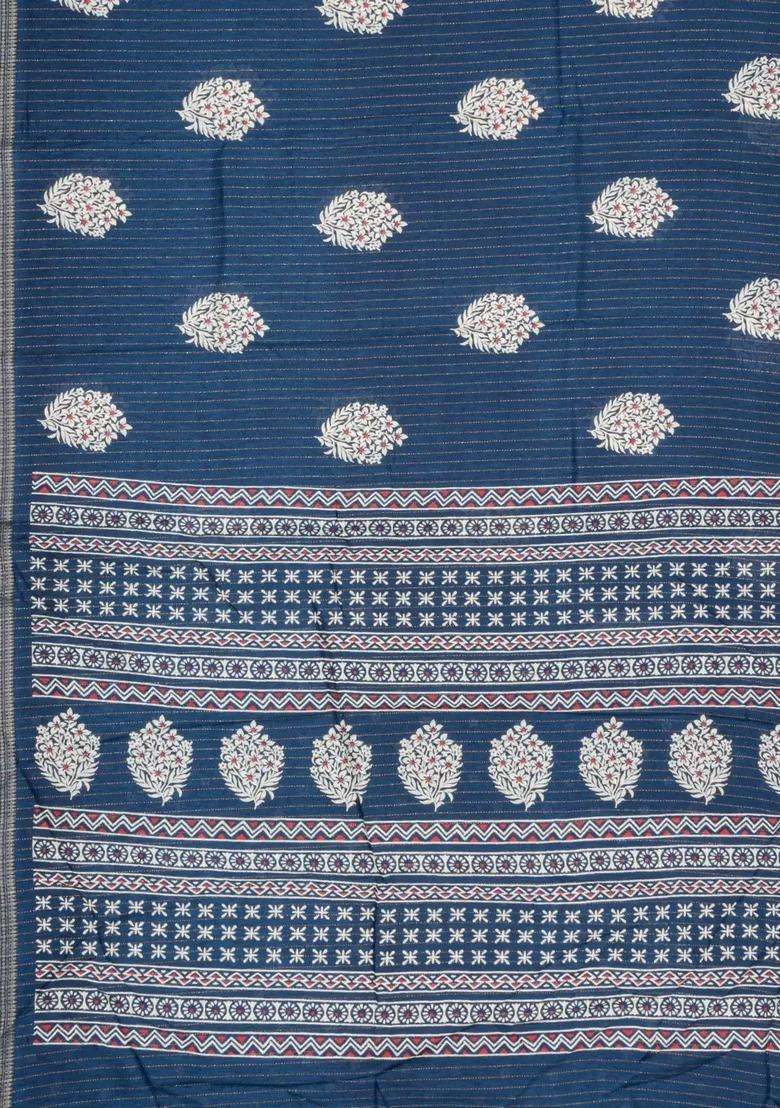 Navy Blue Printed Synthetic Dola Silk Saree With Motifs Zari Stripes For Women - Indya