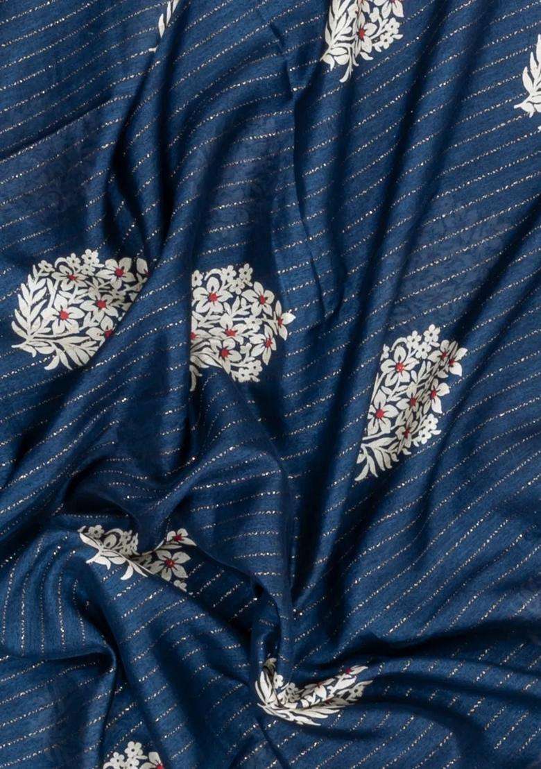 Navy Blue Printed Synthetic Dola Silk Saree With Motifs Zari Stripes For Women - Indya