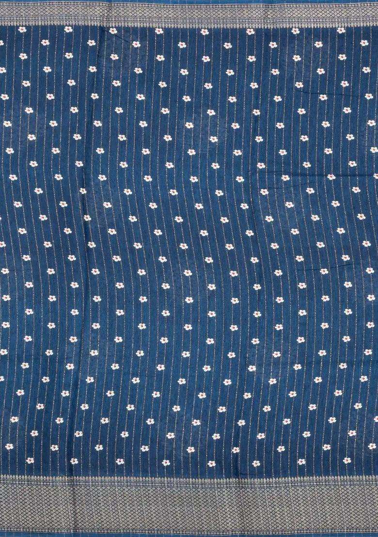 Navy Blue Printed Synthetic Dola Silk Saree With Motifs Zari Stripes For Women - Indya
