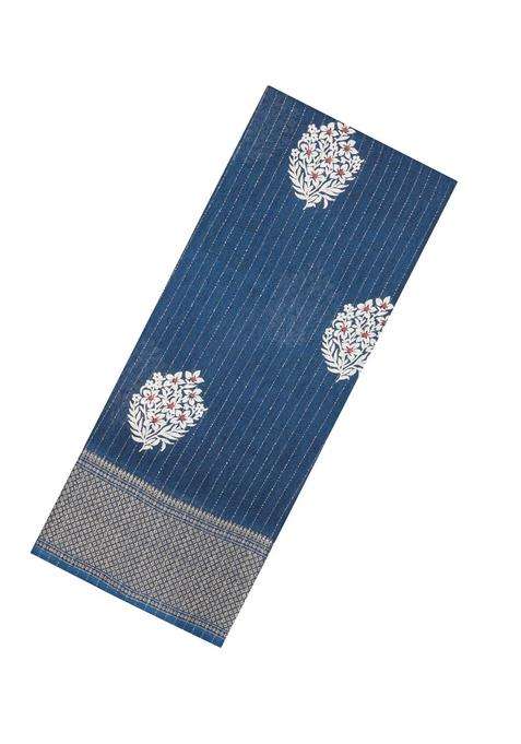 Navy Blue Printed Synthetic Dola Silk Saree With Motifs Zari Stripes For Women